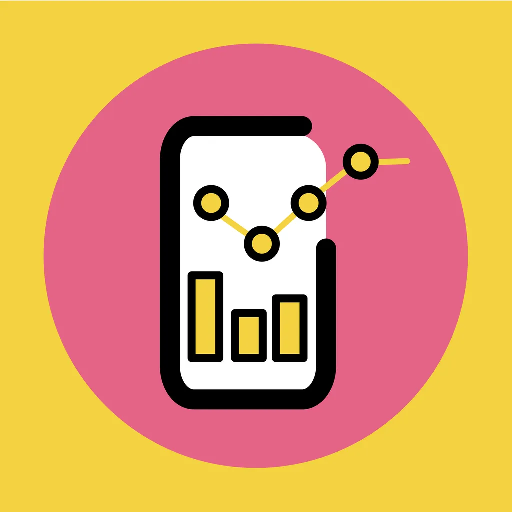 The Mobilebuddy app on a phone, showing a sales trend line above a bar chart of takings