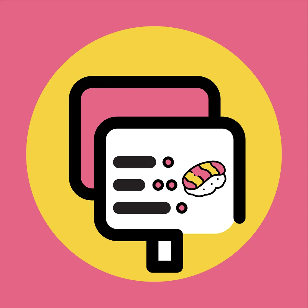 The OrderBuddy App icon: a menu card with a piece of sushi, on a yellow and rose field